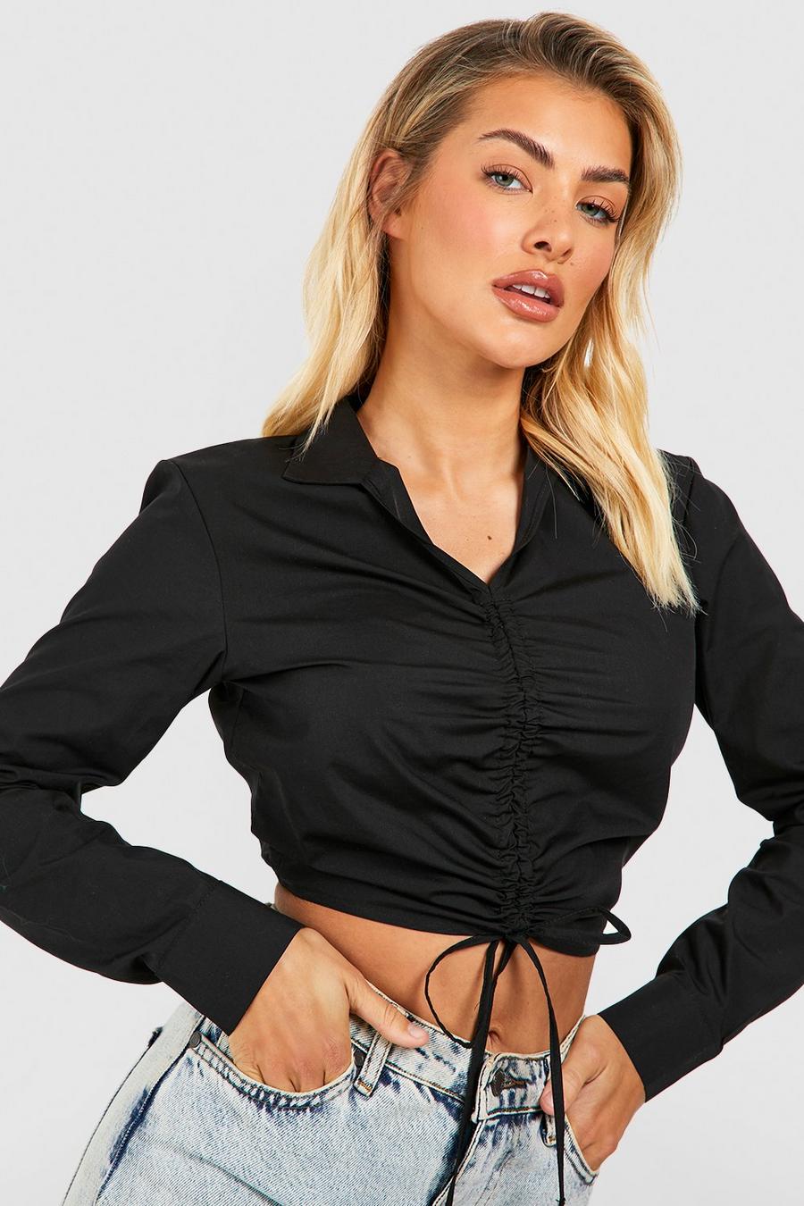 Black Ruched Detail Cropped Shirt 