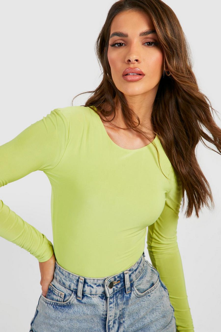 Lime Double Layer Slinky Long Sleeve Crew Neck Bodysuit image number 1