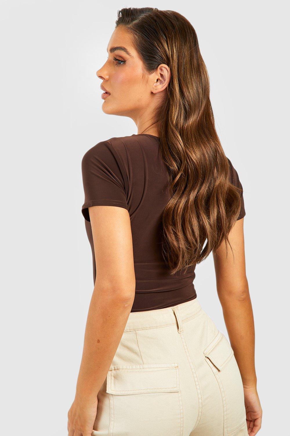 Double Layer Slinky Short Sleeve Crew Neck Fitted Top | boohoo