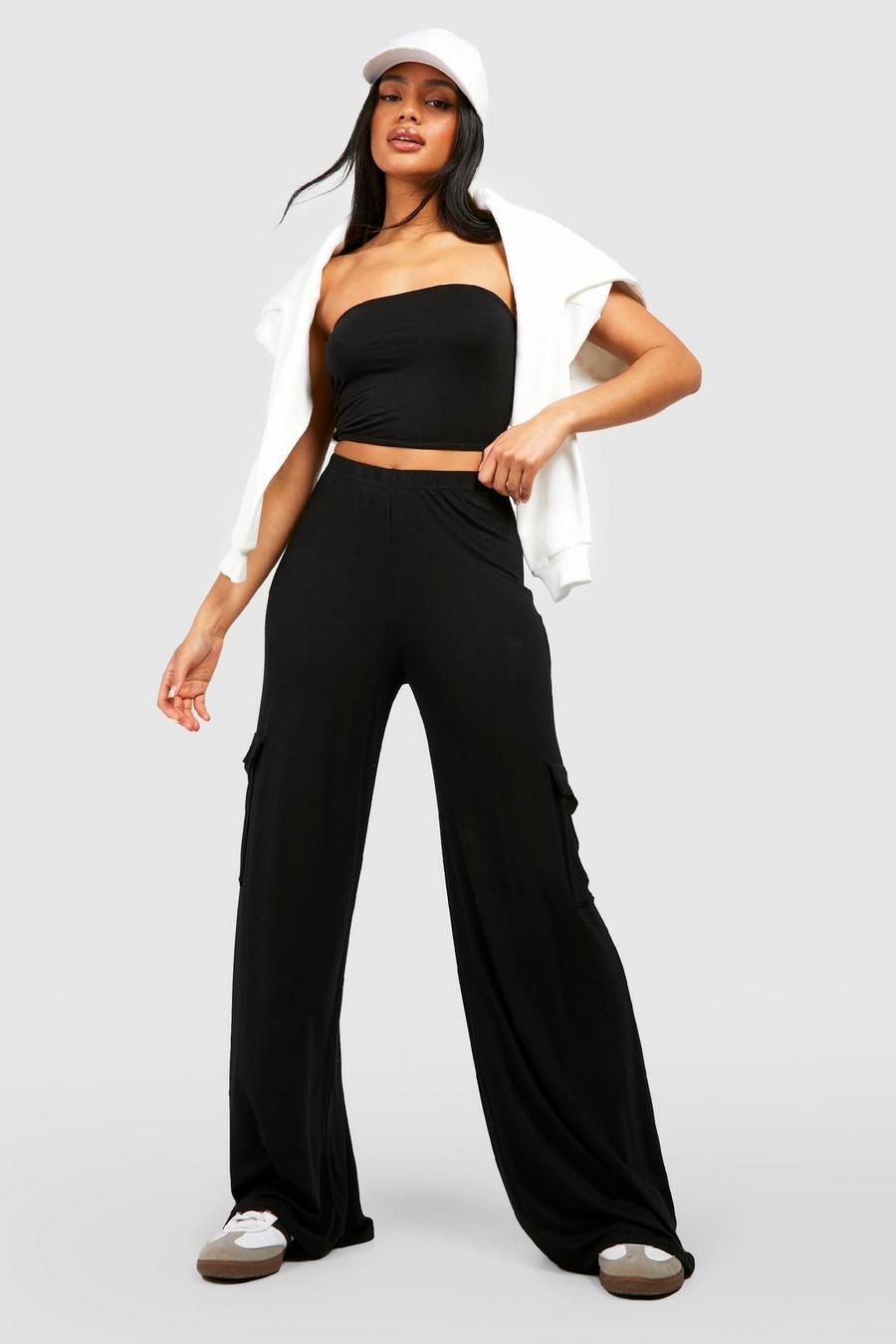 Black Jersey Cargo Wide Leg Trousers image number 1