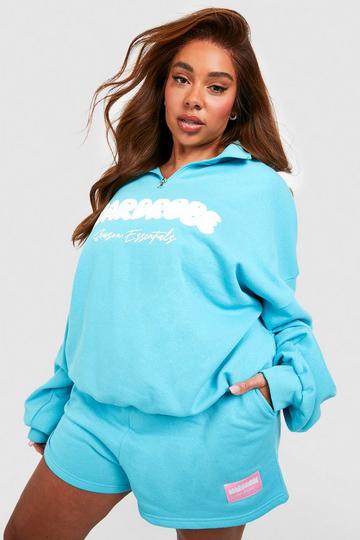 Plus Puff Print Oversized Half Zip And Short Set aqua