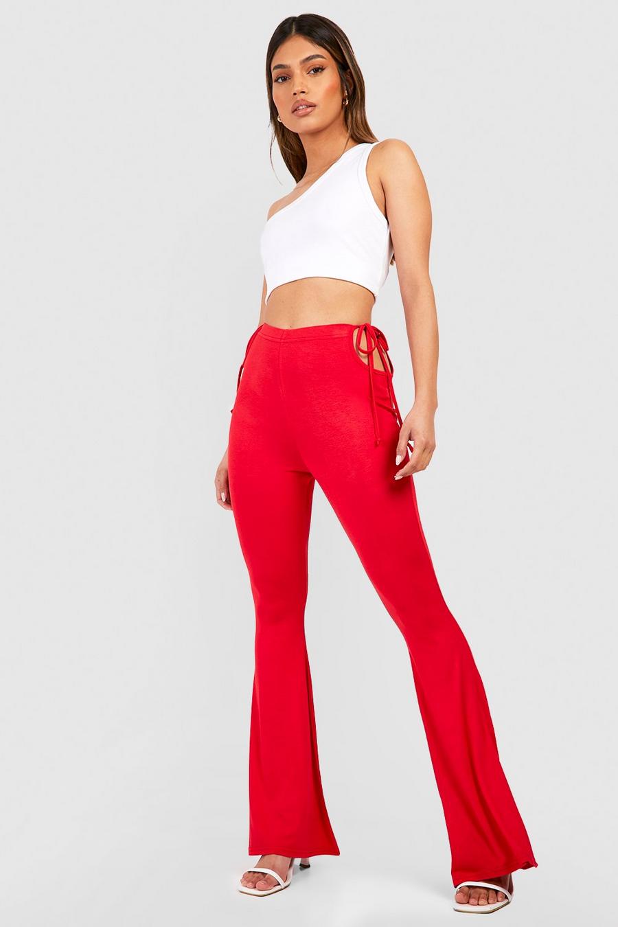 Red Jersey Knit Tie Side Flared Pants