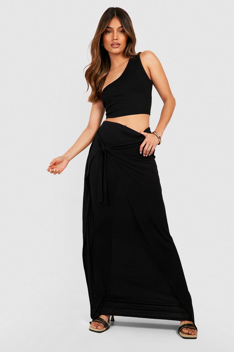 Black Jersey Knit Wrap Tie Side Maxi Skirt image number 1