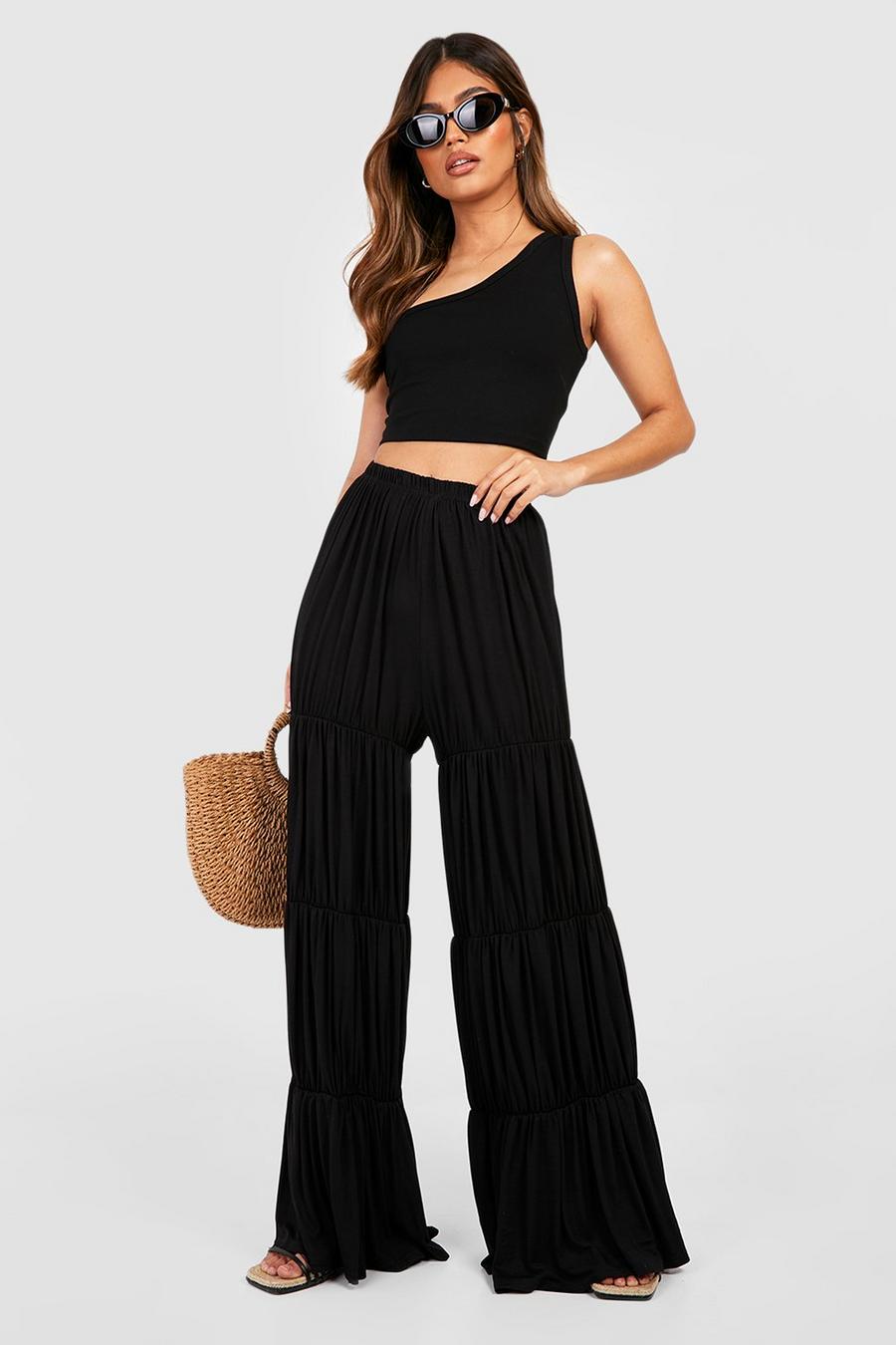 Black Jersey Knit Tiered Wide Leg Pants image number 1