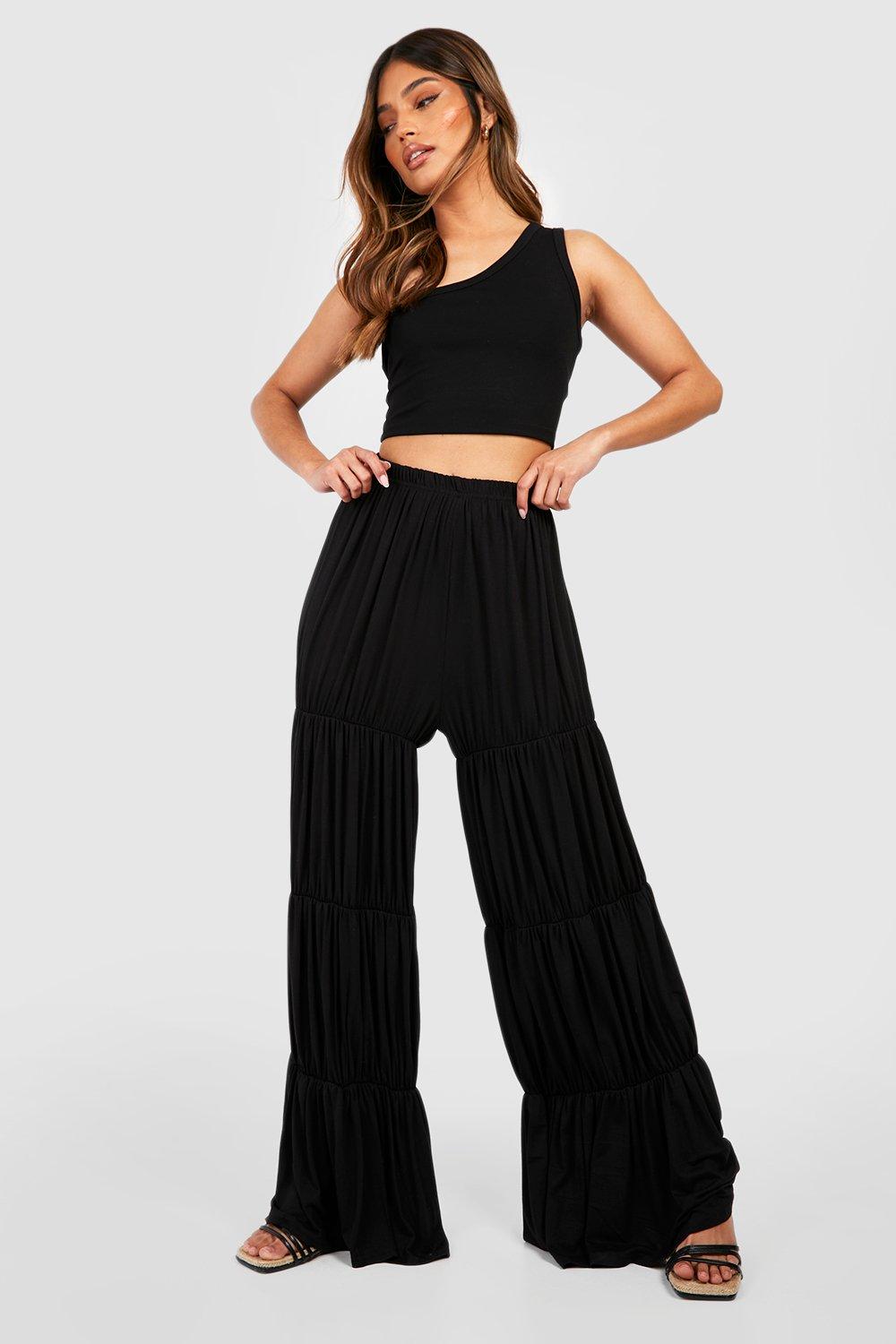 Pantalon large uni taille élastique froncée femme - Noir