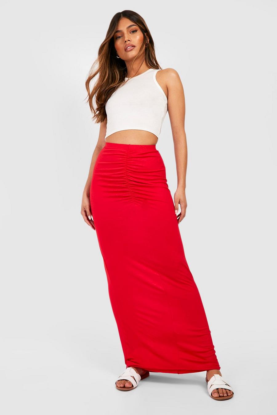 Red Ruched Front Jersey Slip Maxi Skirt image number 1