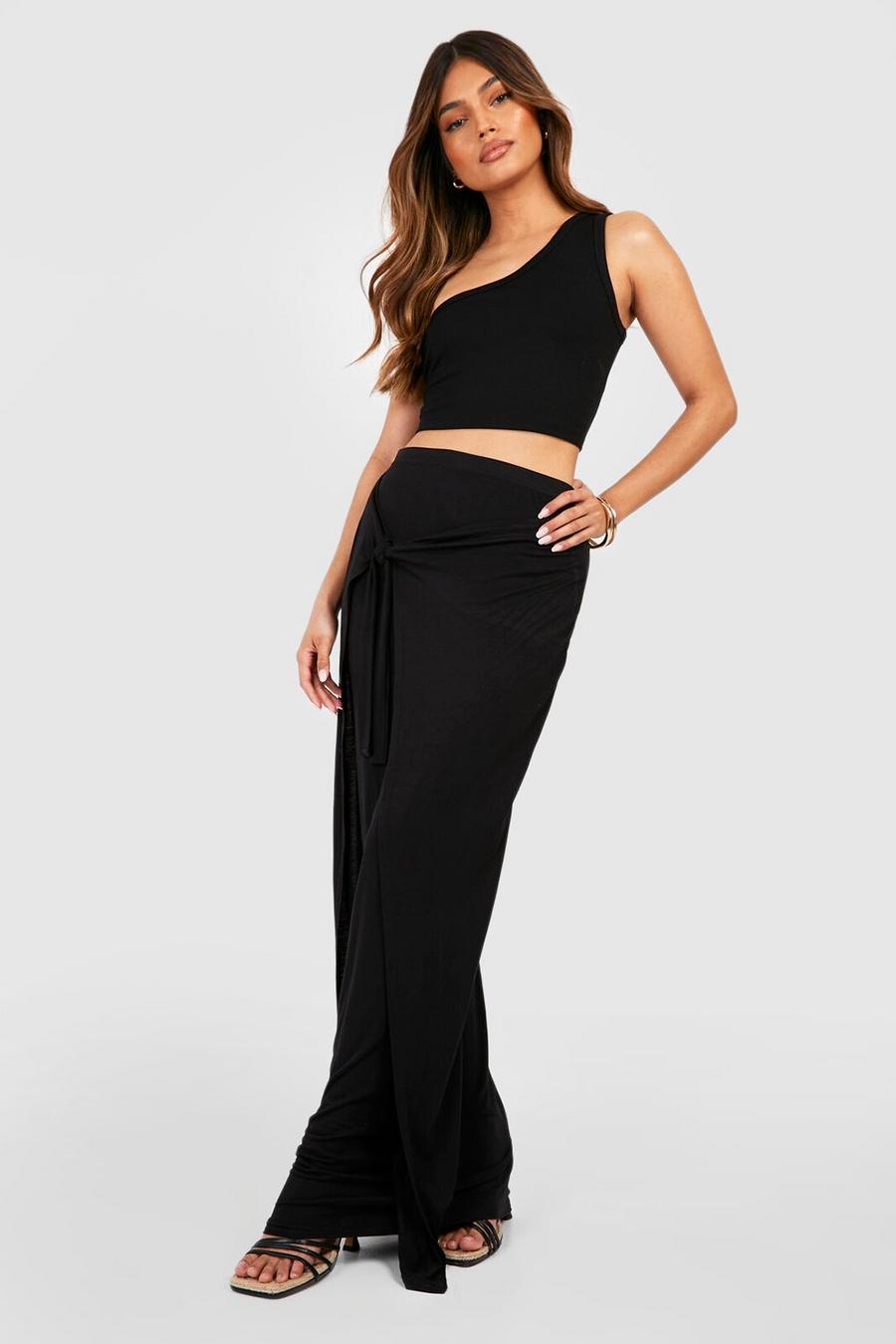 Black Jersey Knit Wrap Tie Side Maxi Skirt image number 1
