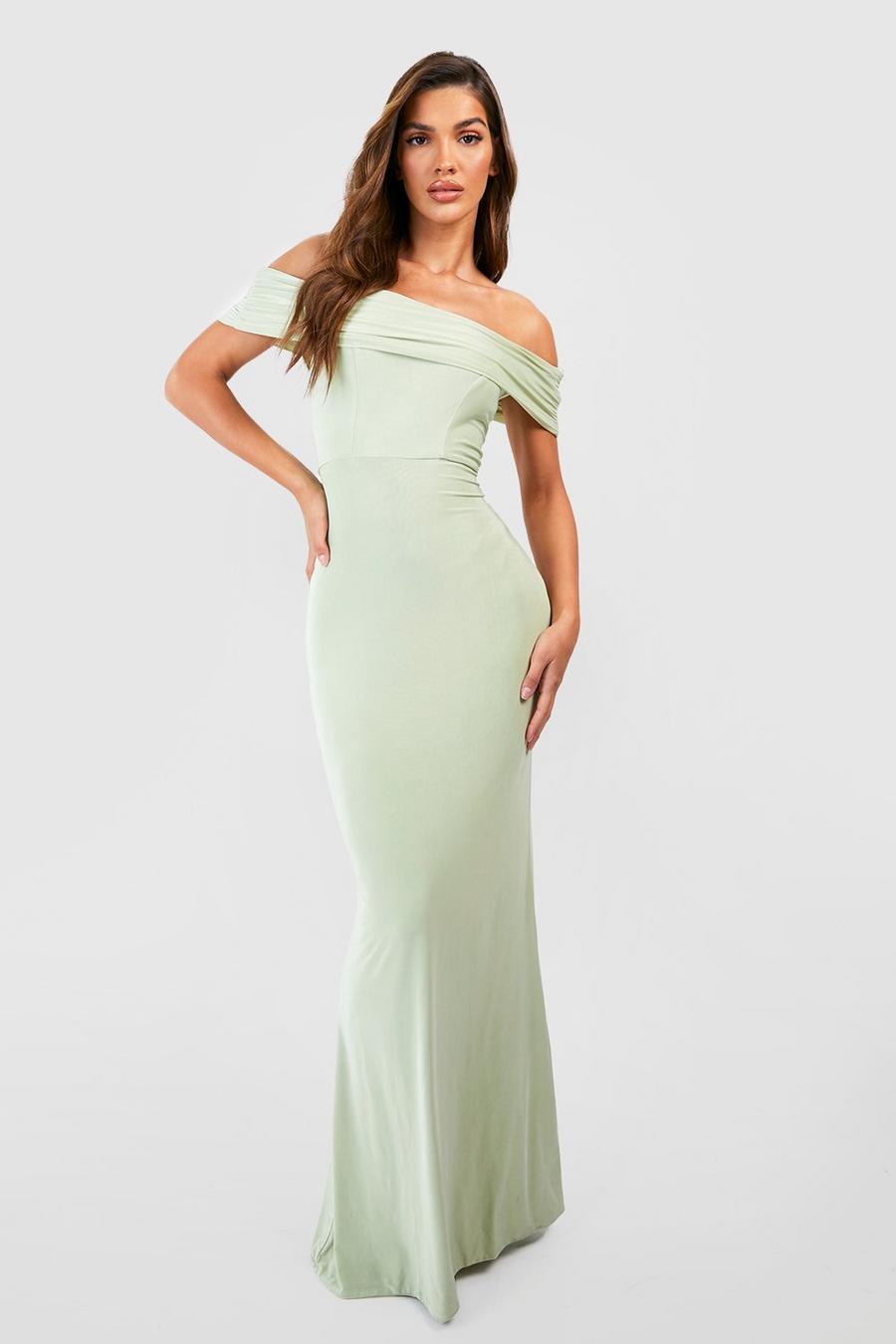 Sage green Double Slinky Bardot Maxi Dress