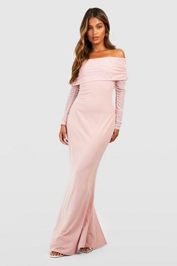 Rose Pink Mesh Detail Bardot Maxi Dress