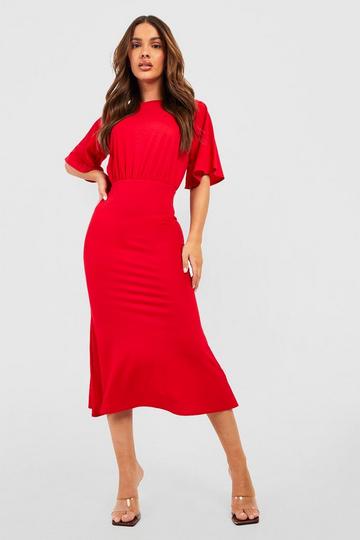 Fishtail Ruched Midi Dress red