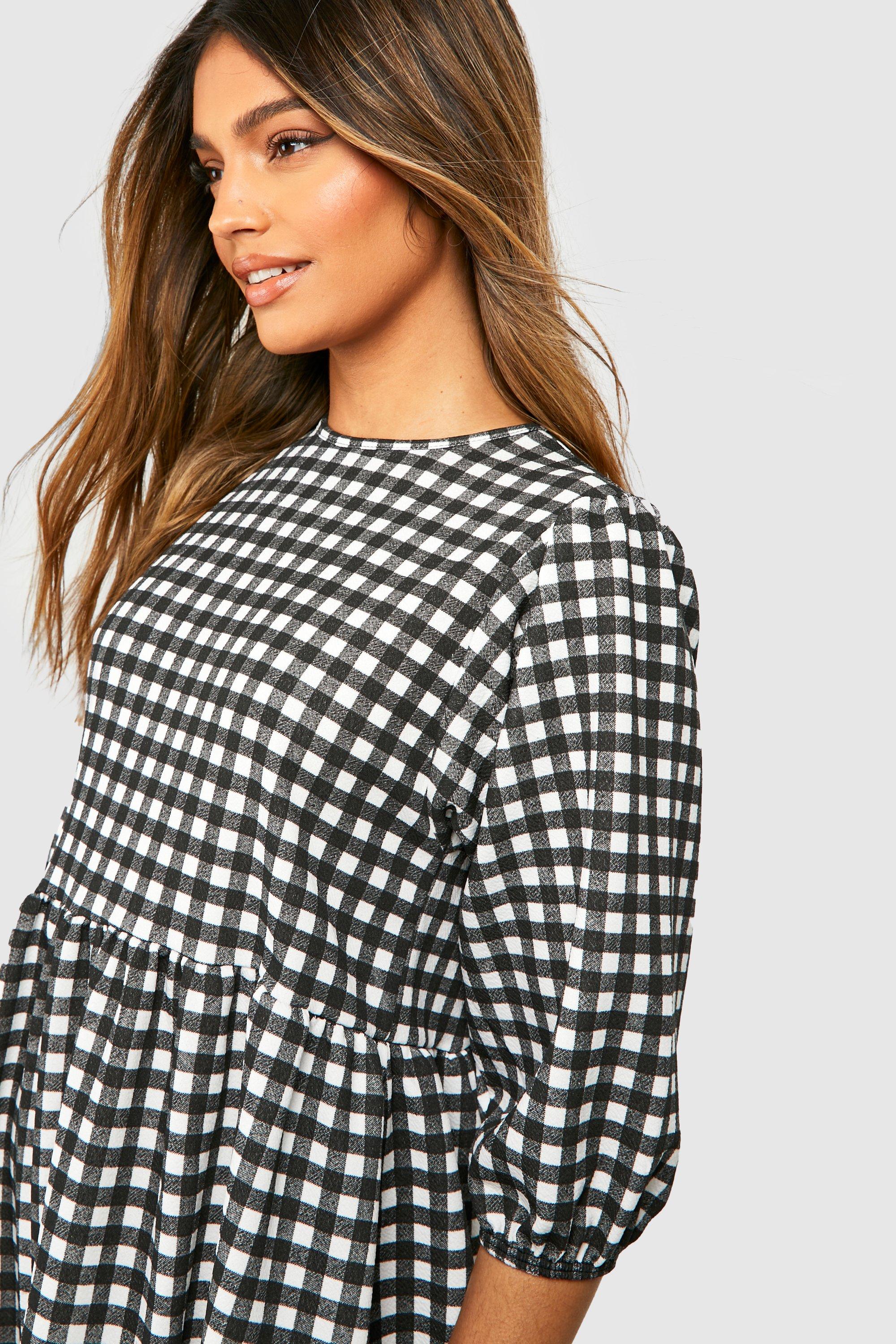 Women's Gingham Puff Sleeve Frill Hem Midi Smock Dress | Boohoo UK