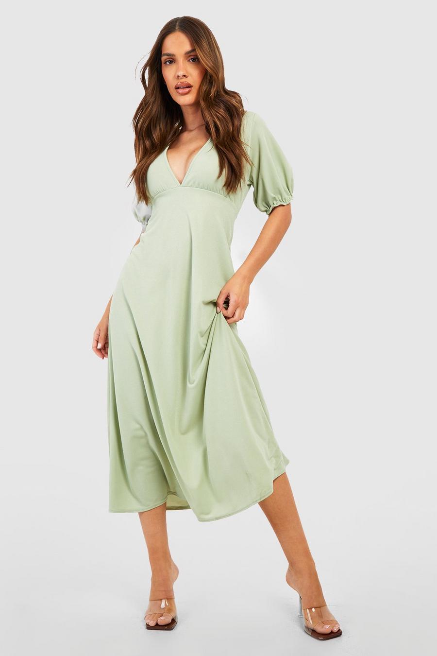 Women's Plunge Puff Sleeve Midaxi Dress | Boohoo UK