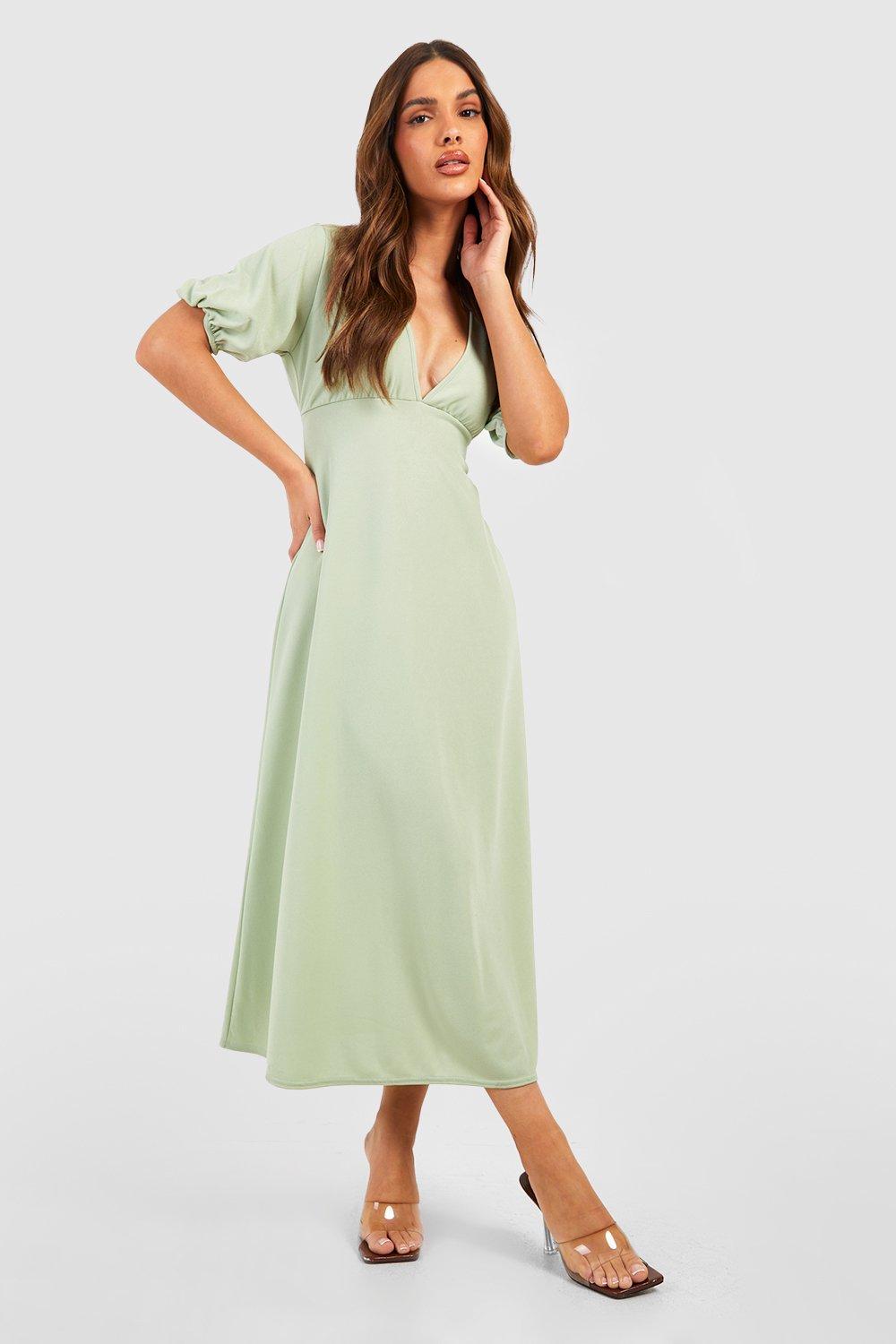 Green Puff Sleeve Frill Midaxi Dress