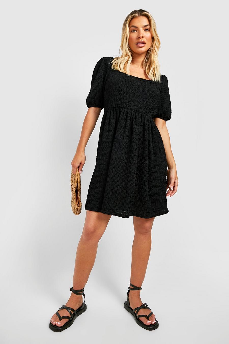 Black Textured Bubble Puff Sleeve Smock Dress image number 1