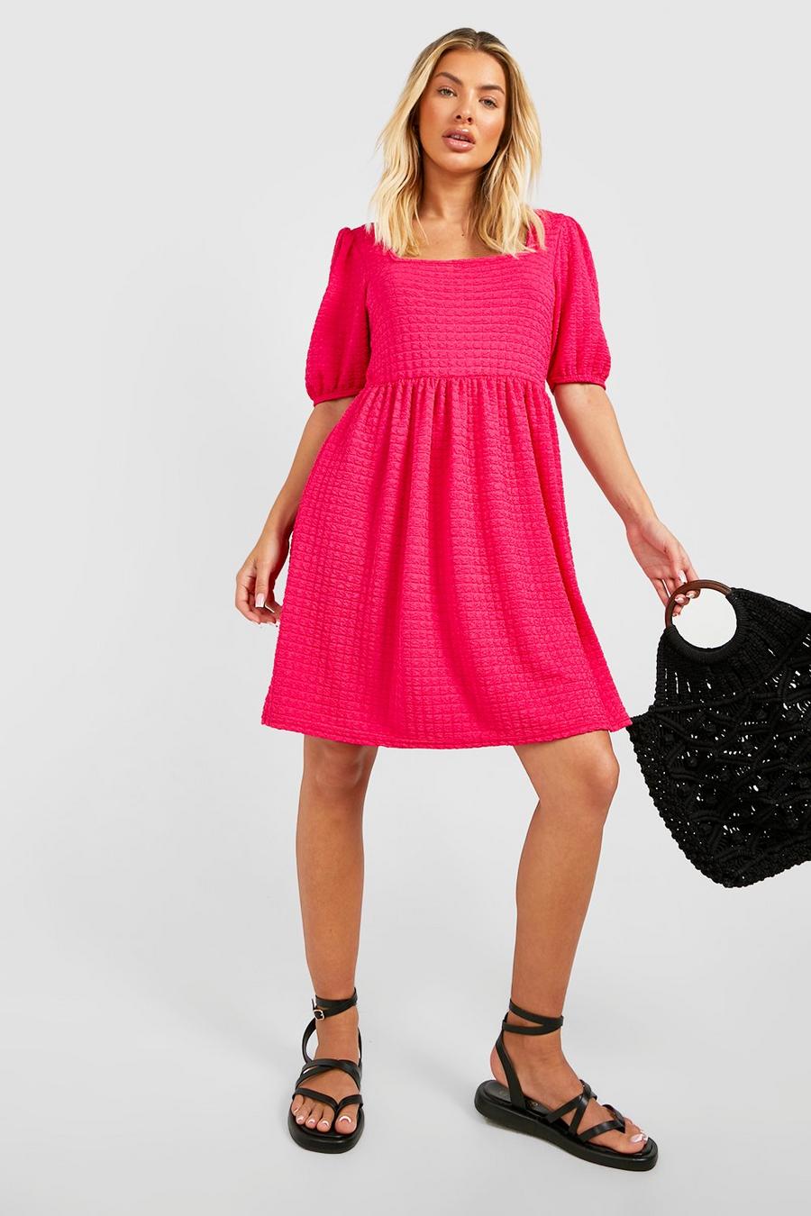 Textured Bubble Puff Sleeve Smock Dress, Hot pink rosa