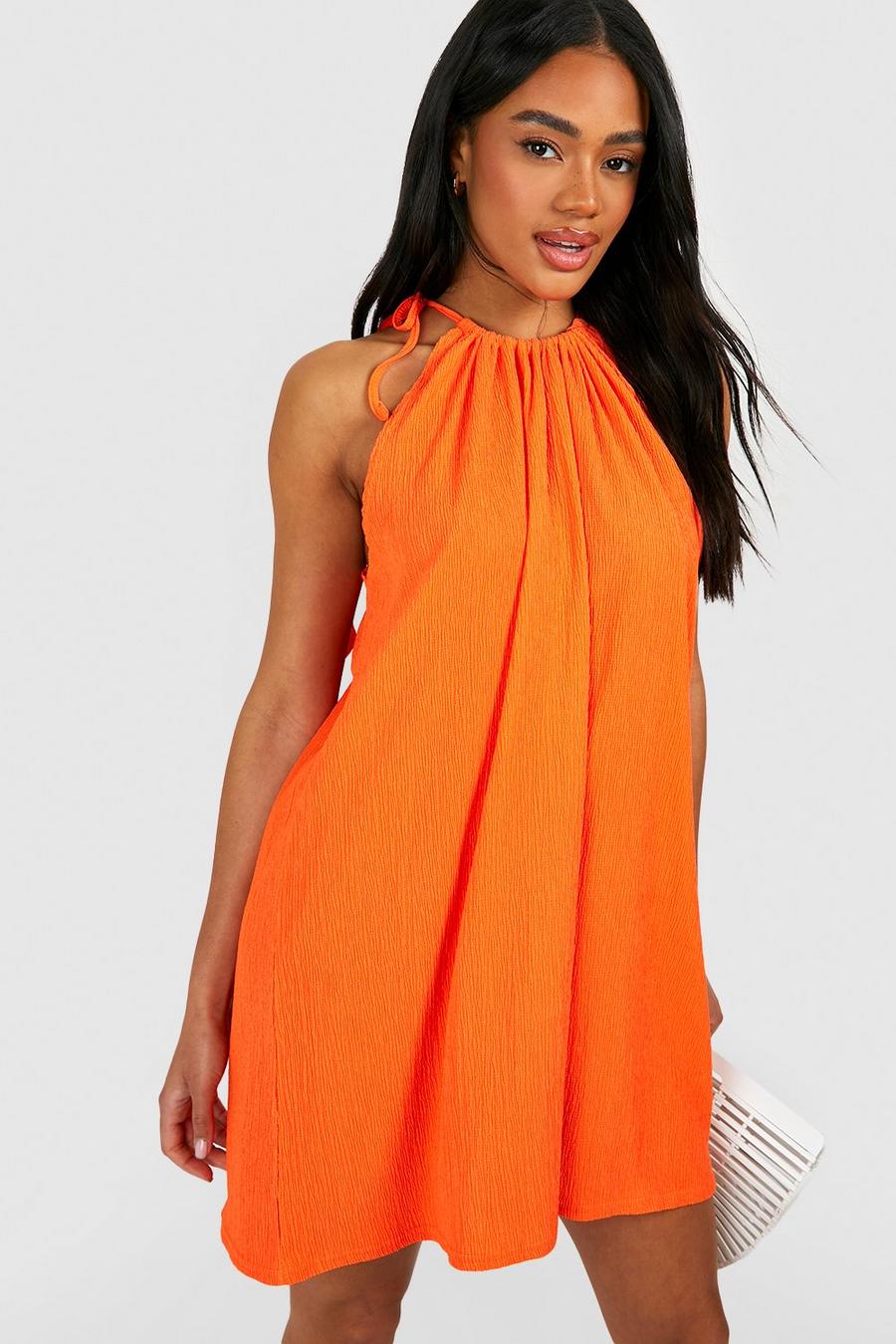 Orange Textured Strappy Swing Dress image number 1