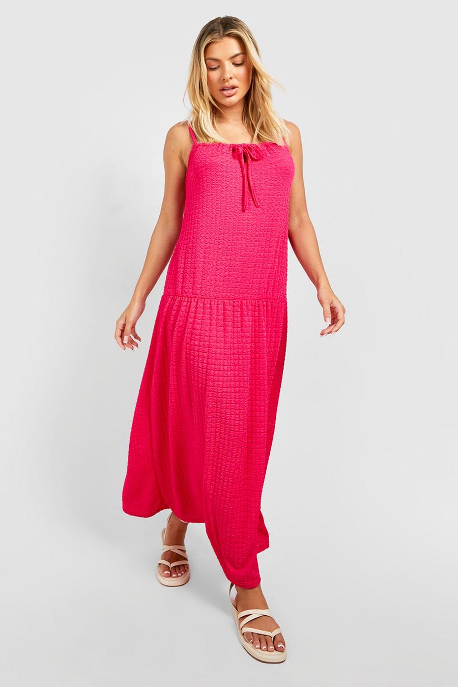 Hot pink Textured Drop Hem Midi Smock Dress image number 1