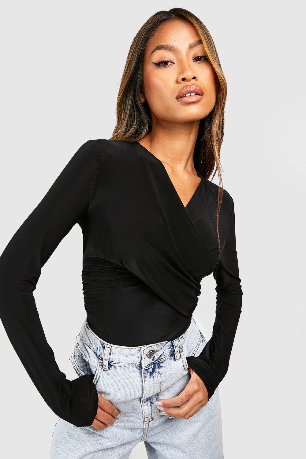 Black long sleeve wrap top online