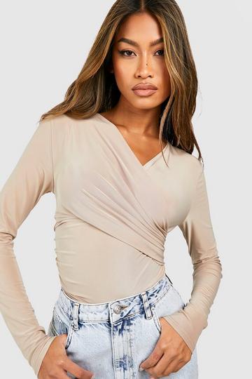 Slinky Drape Wrap Front Long Sleeve Top stone