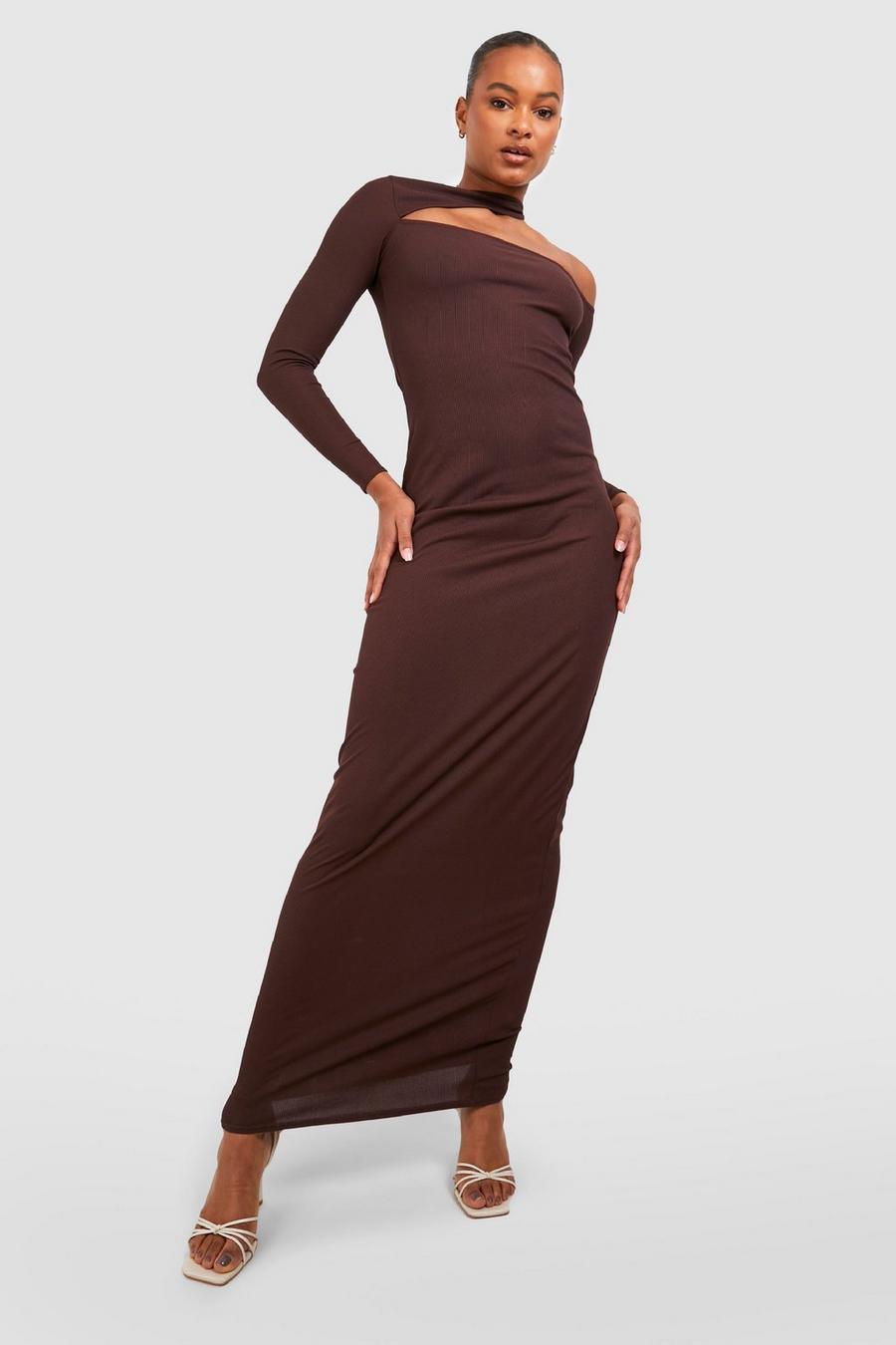 Tall geripptes Rundhals-Maxikleid mit Cut-Out, Chocolate image number 1
