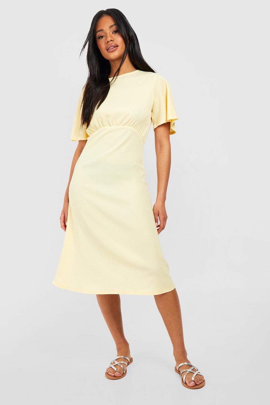 Yellow Textured Angel Sleeve Midi Tea Dress image number 1