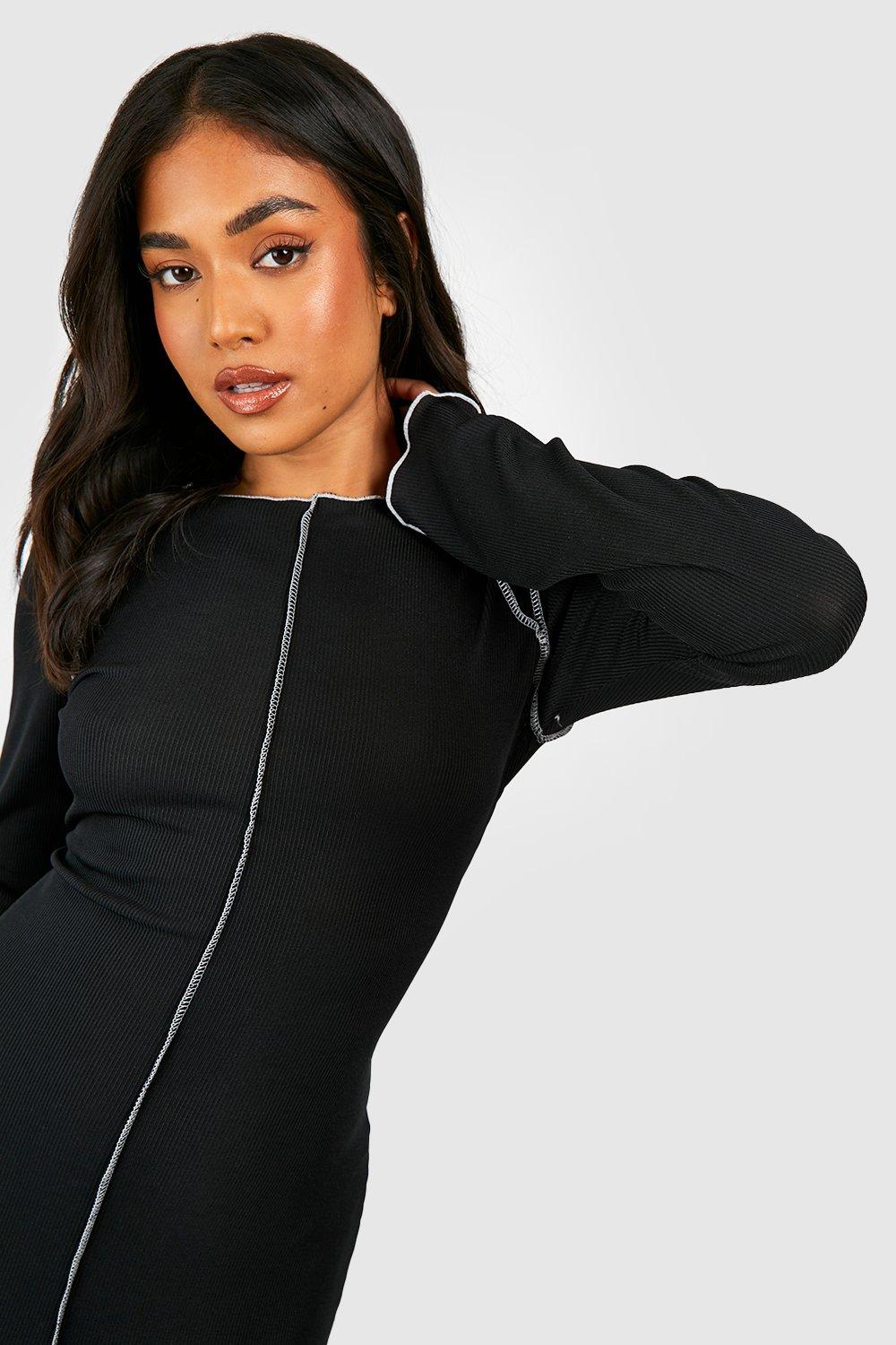 Petite Black Ribbed Seam Detail Long Sleeve Top