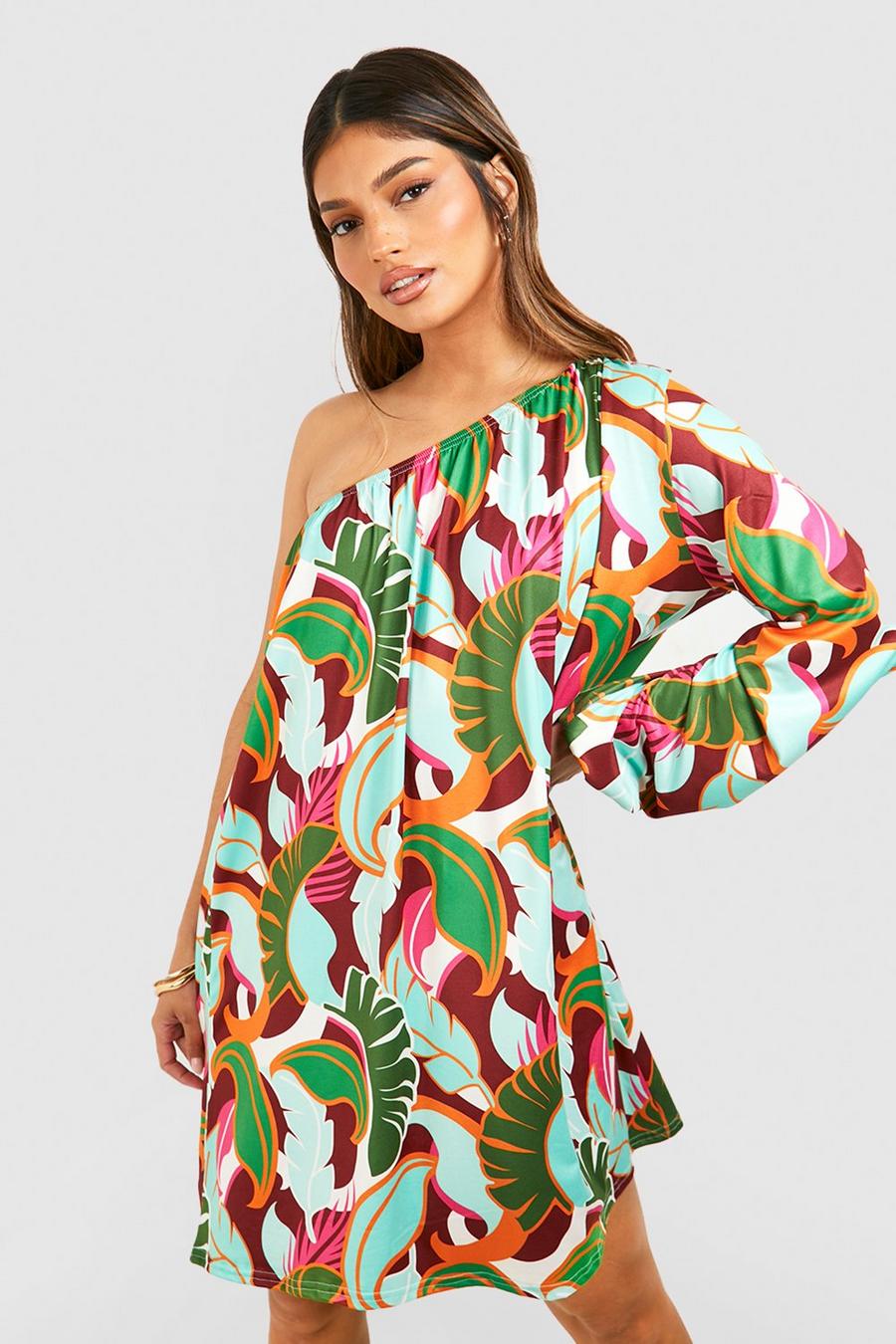Green Hawaiian Print Asymmetric Blouson Sleeve Smock Dress image number 1