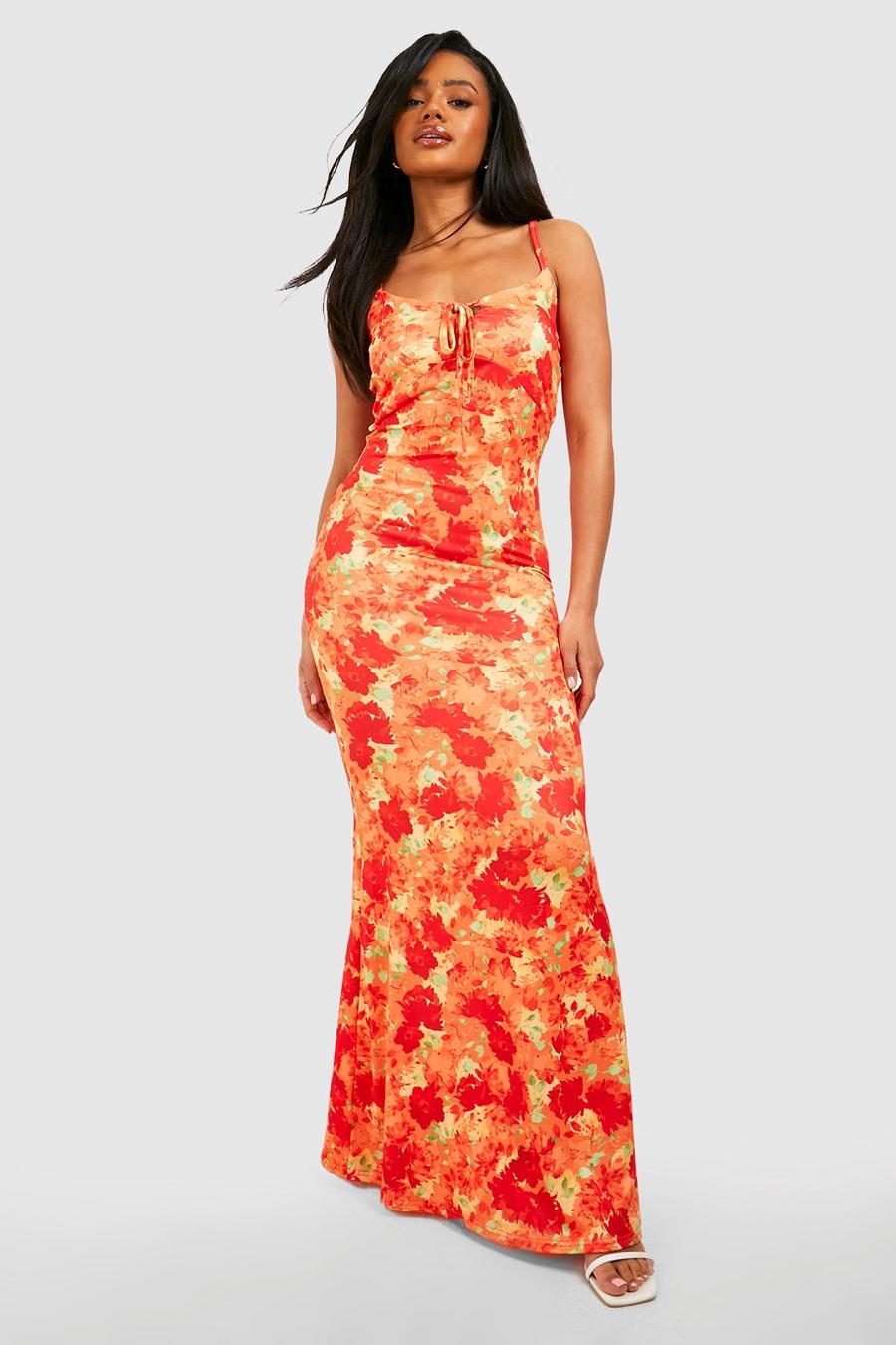 Orange Floral Tie Detail Maxi Dress