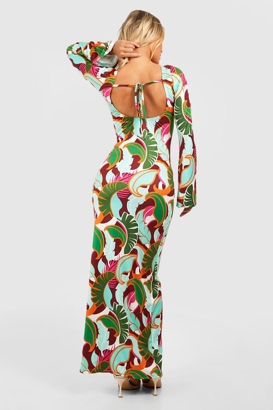 Green Tropical Print Flare Sleeve Maxi Dress