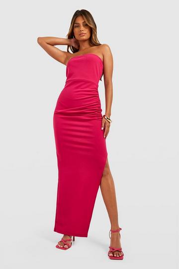 Pink Ruched Wrap Bandeau Maxi Dress