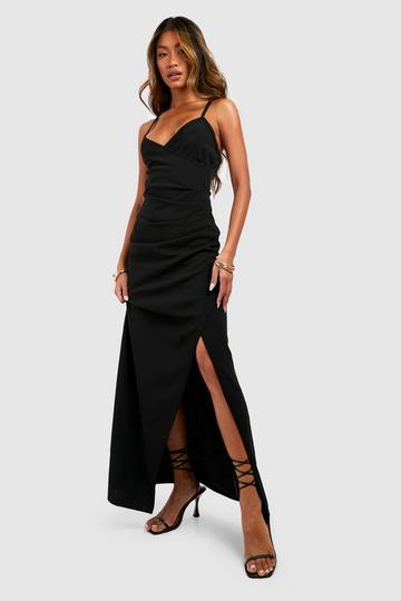 Black Strappy Wrap Ruched Maxi Dress