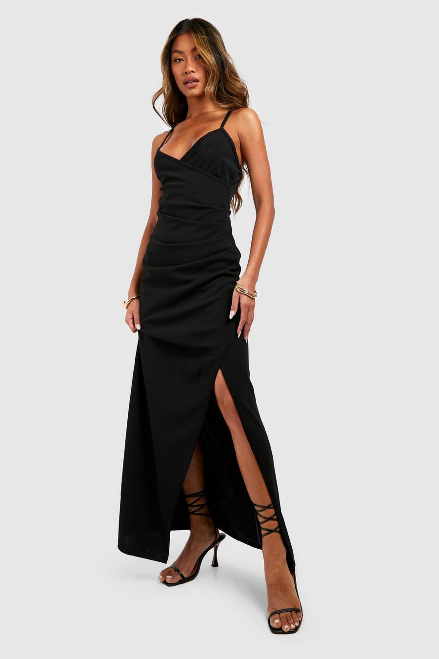 Black Strappy Wrap Rouched Maxi Dress image number 1