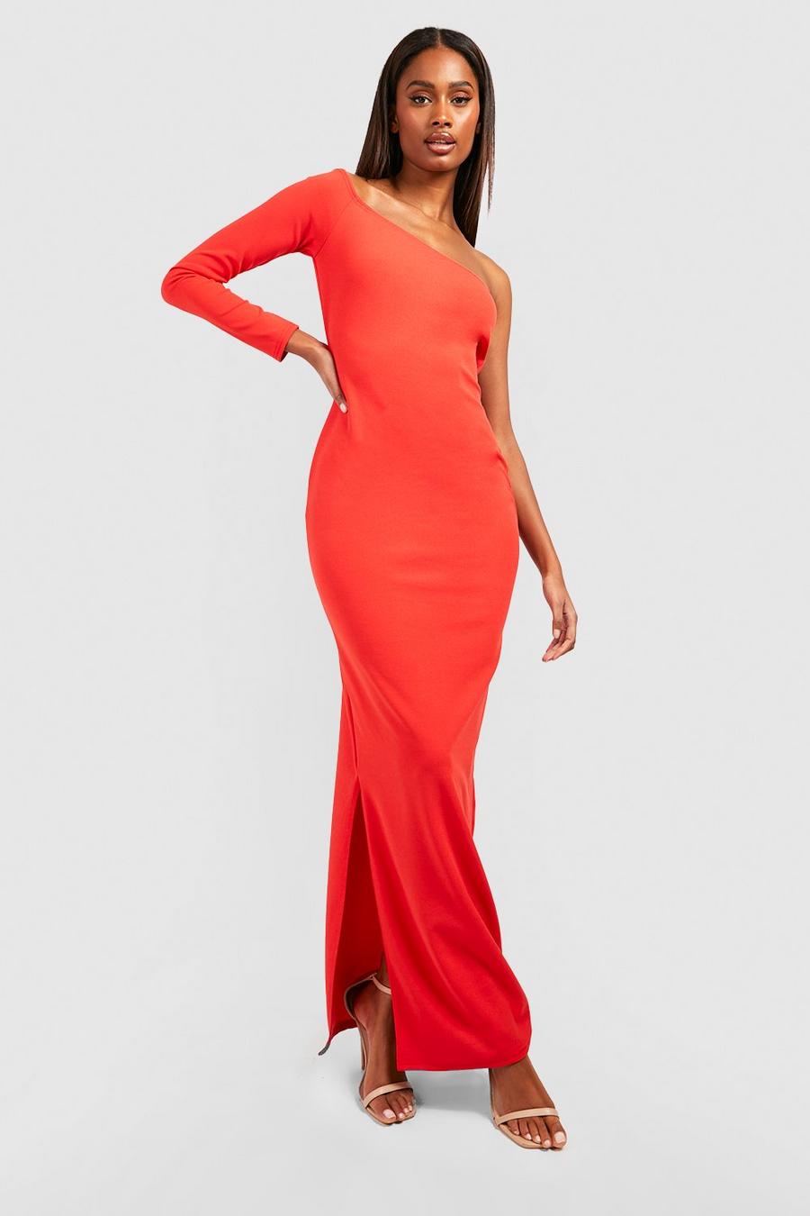 Asymmetric Bardot Split Maxi Dress, Orange