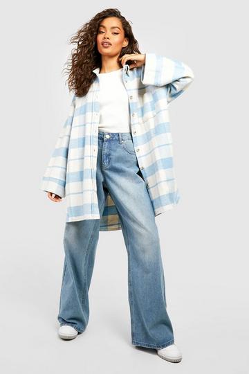 Oversized Wide Sleeve Check Shacket dusty blue