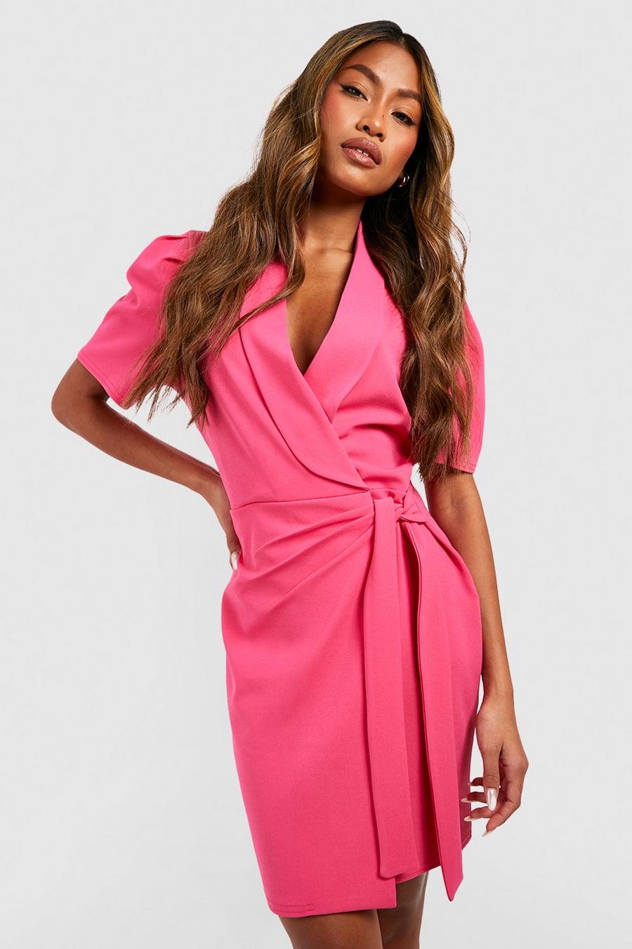 Magenta pink Short Sleeve Side Tie Blazer Dress