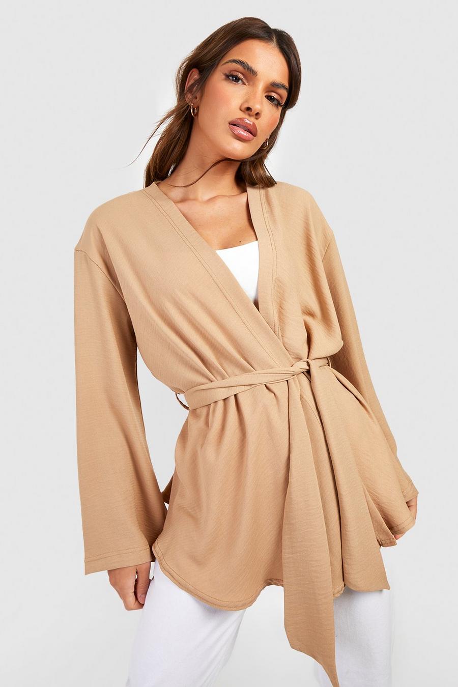 Camel Linen Look Belted Kimono image number 1
