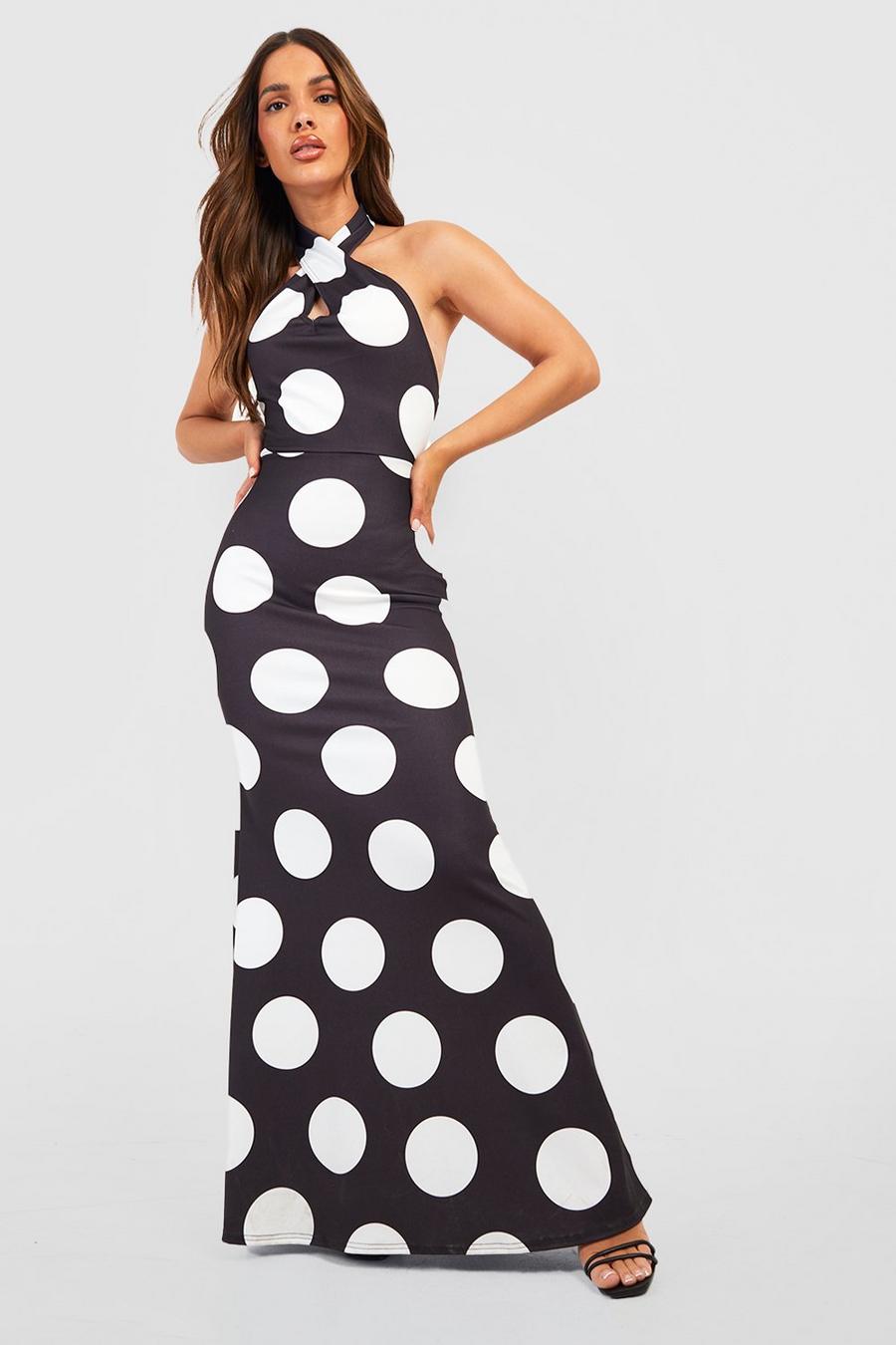 Black Polka Dot Halterneck Maxi Dress image number 1