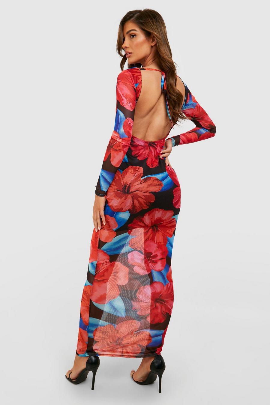 Vestido maxi de malla con estampado de flores y espalda baja, Red image number 1