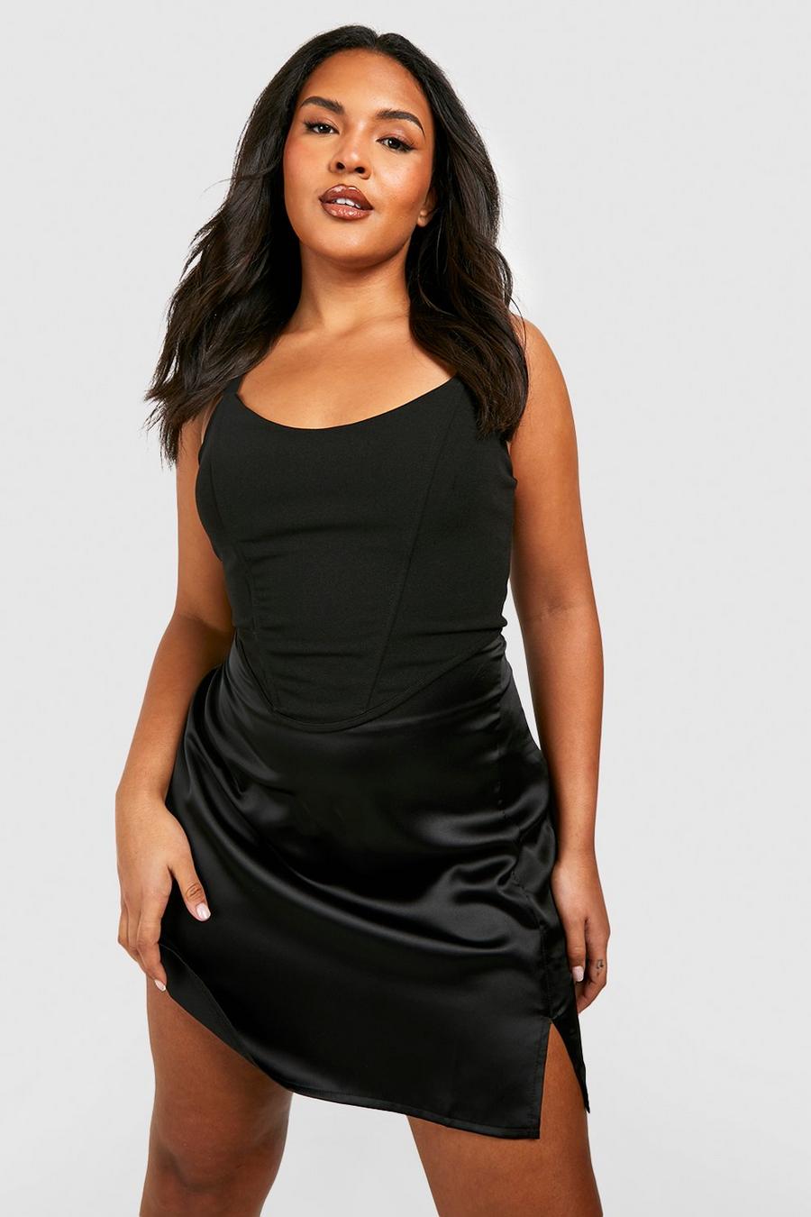 Grande taille - Mini-jupe satinée fendue, Black image number 1