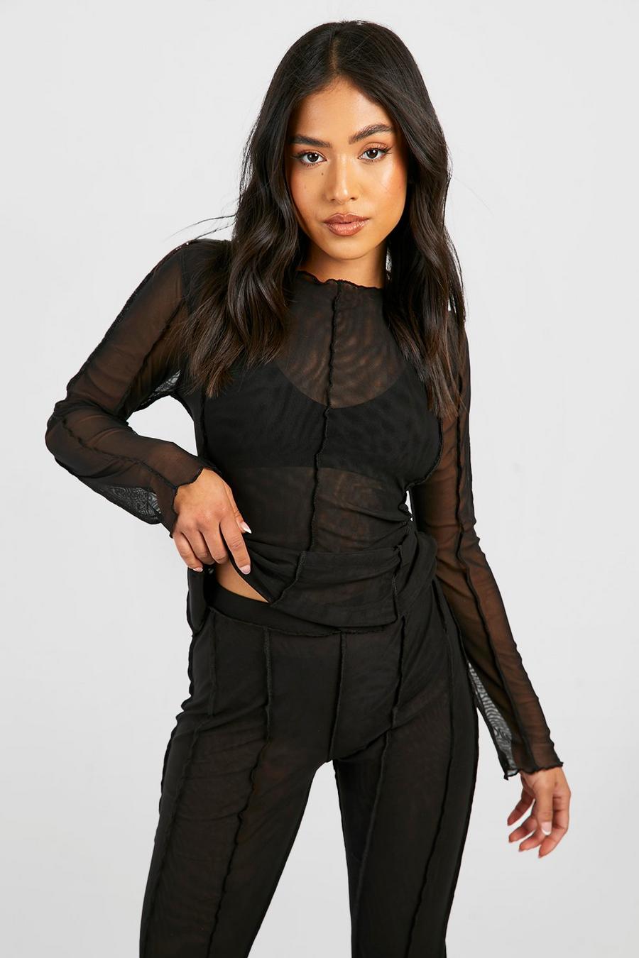 Black Petite Double Layer Mesh Seam Detail Tunic Top  image number 1