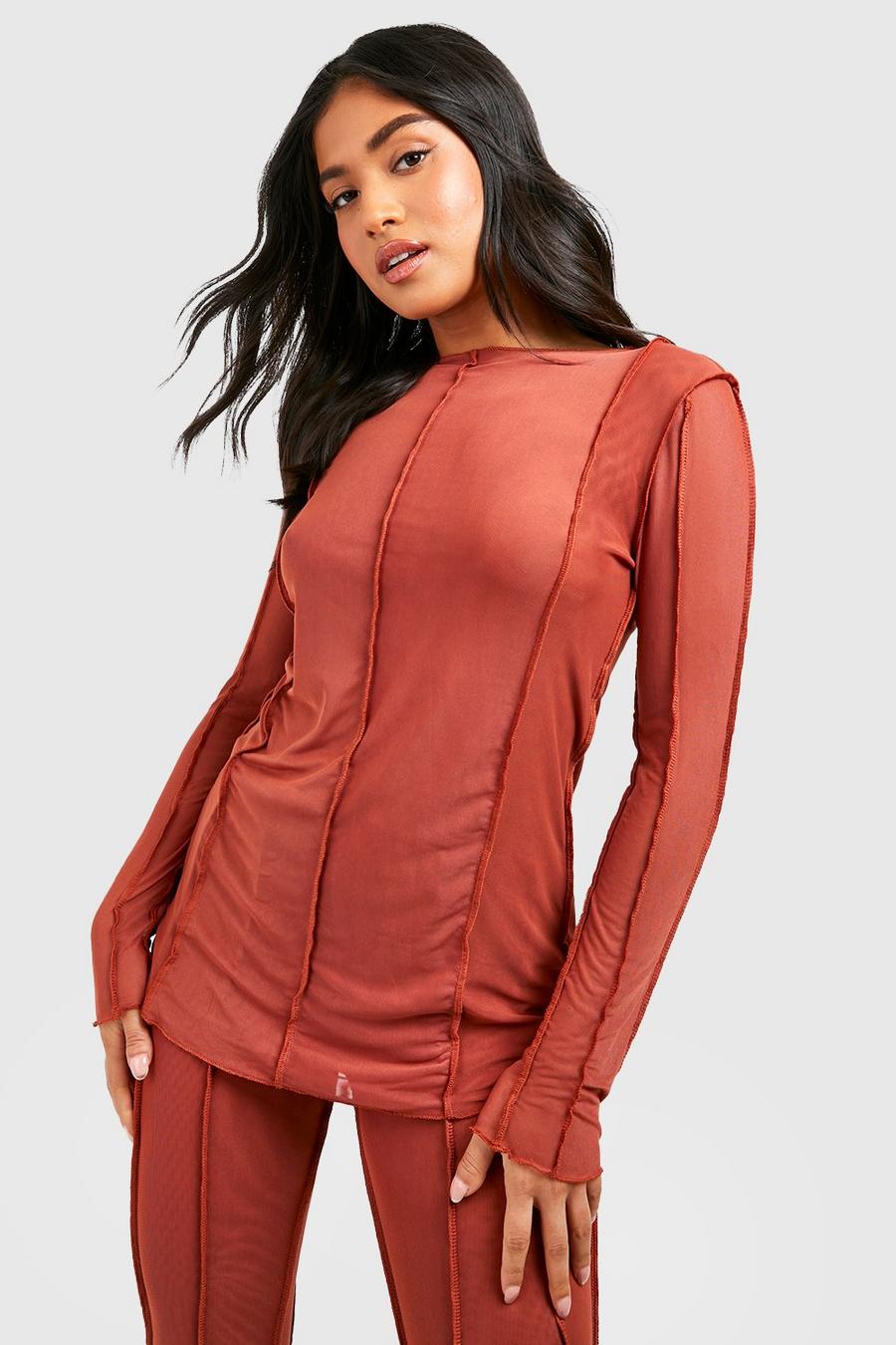 Rust Petite Double Layer Mesh Seam Detail Tunic Top  image number 1