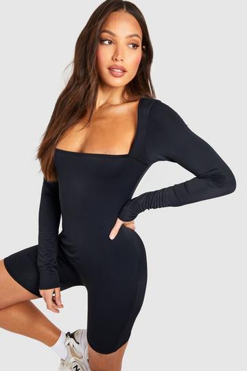 Black Tall Premium Sculpt Square Neck Longsleeve Short Unitard