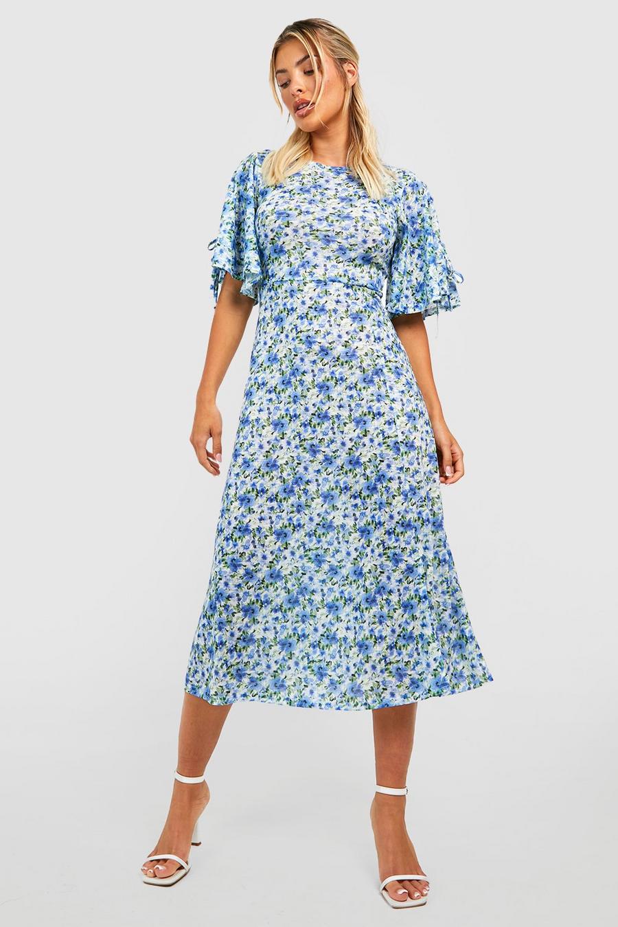 Blue Disty Floral Textured Midi Smock Dress  image number 1