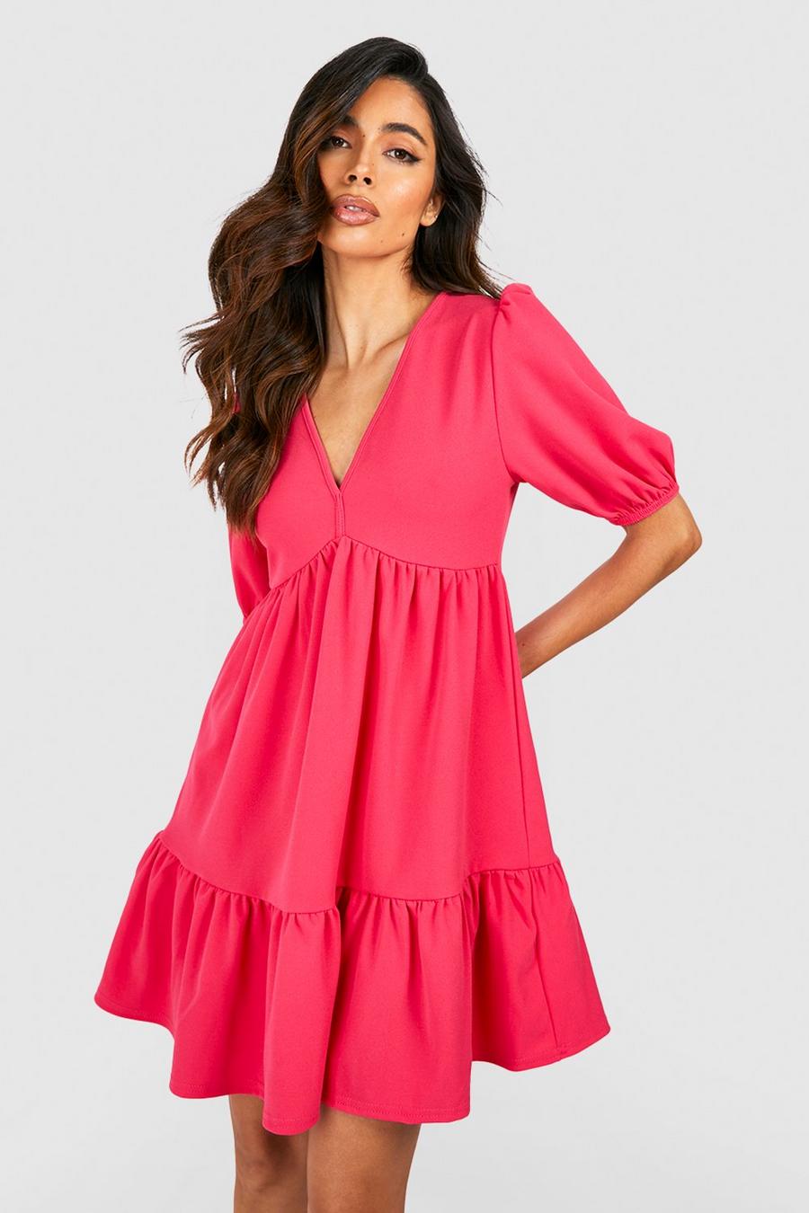 Hot pink Puff Sleeve Ruffle Smock Dress
