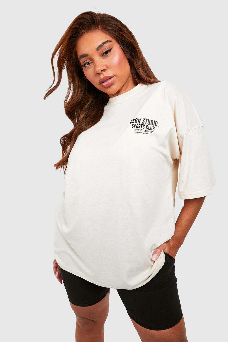 Camiseta Plus oversize con eslogan Sports Club, Ecru image number 1