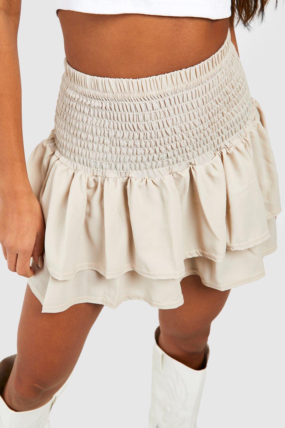 High Waisted RARA Ruffle Mini Skirt BEIGE CLEARANCE –