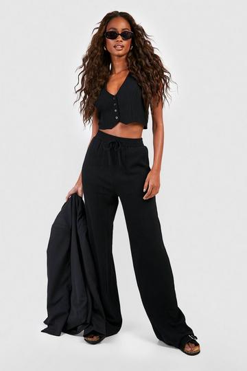 Linen Mix Relaxed Fit Wide Leg Trousers black