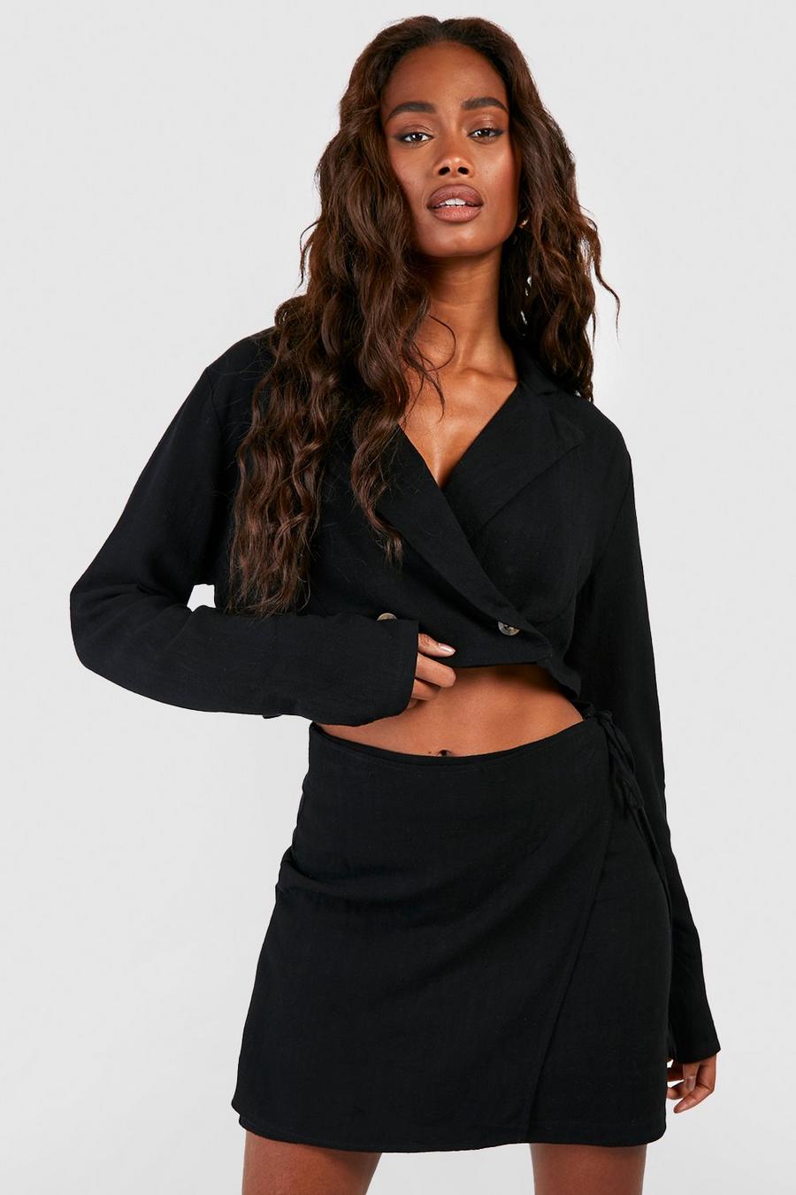 Black Linen Mix Cropped Tailored Blazer image number 1