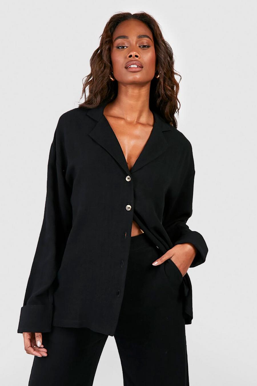 Black Linen Mix Relaxed Fit Long Sleeve Shirt image number 1