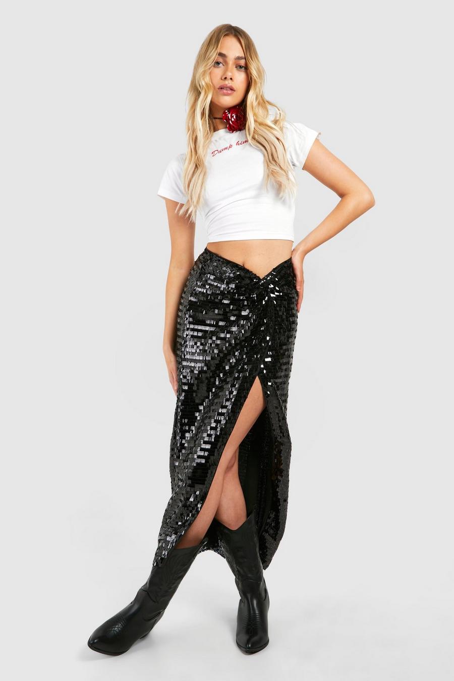 Black Shard Sequin Twist Knotted Maxi Skirt image number 1